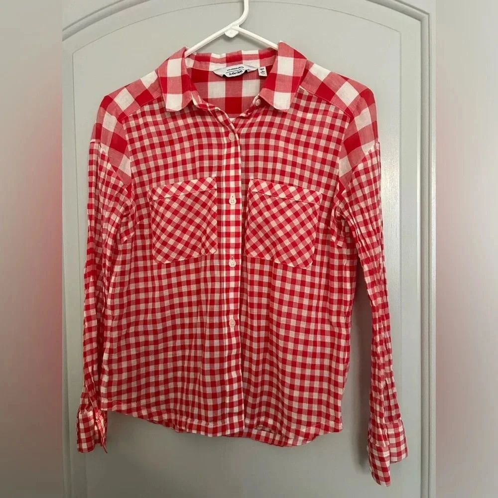 & Other Stories Red and White Gingham Print Button Down Blouse sz 4